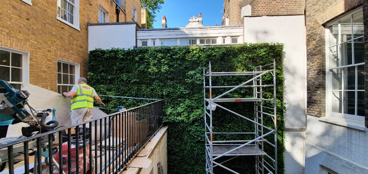 living green wall in a residential courtyard with contracted builders working with scaffold tower