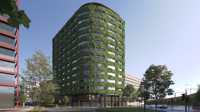 concept visual of living wall on large office building