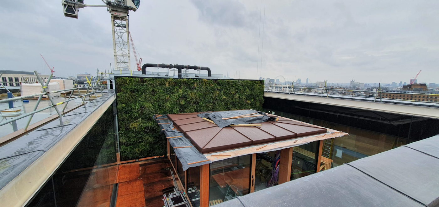 Looking down into a penthouse atrium with a living wall