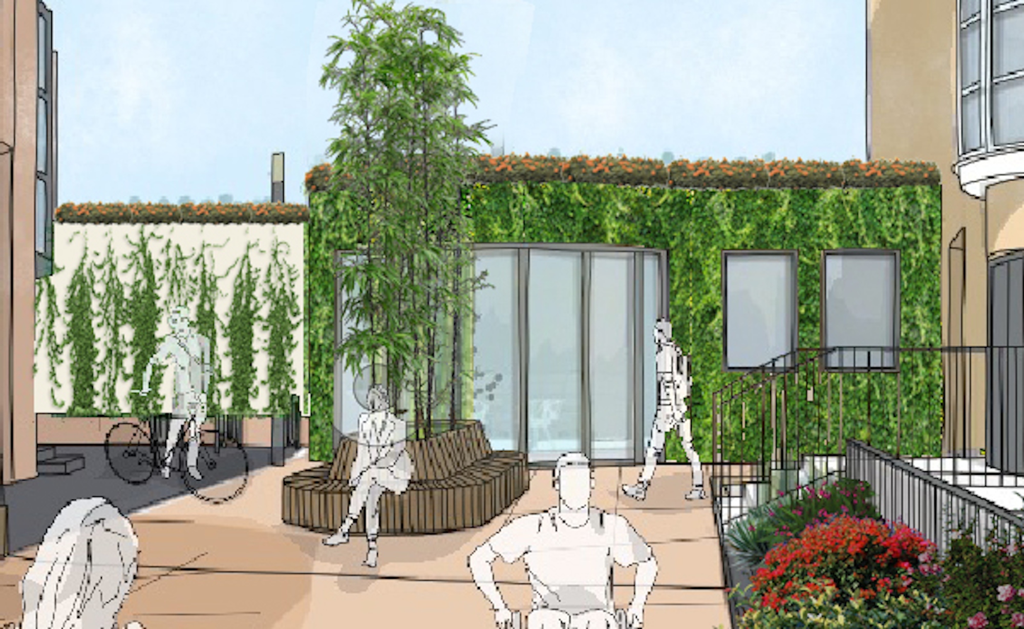 3D-Visualisierung einer lebenden Wand, eines Bambusbaums, einer Bodenbepflanzung, einer Dachbegrünung mit Wildblumen und Drahtkletterpflanzen.