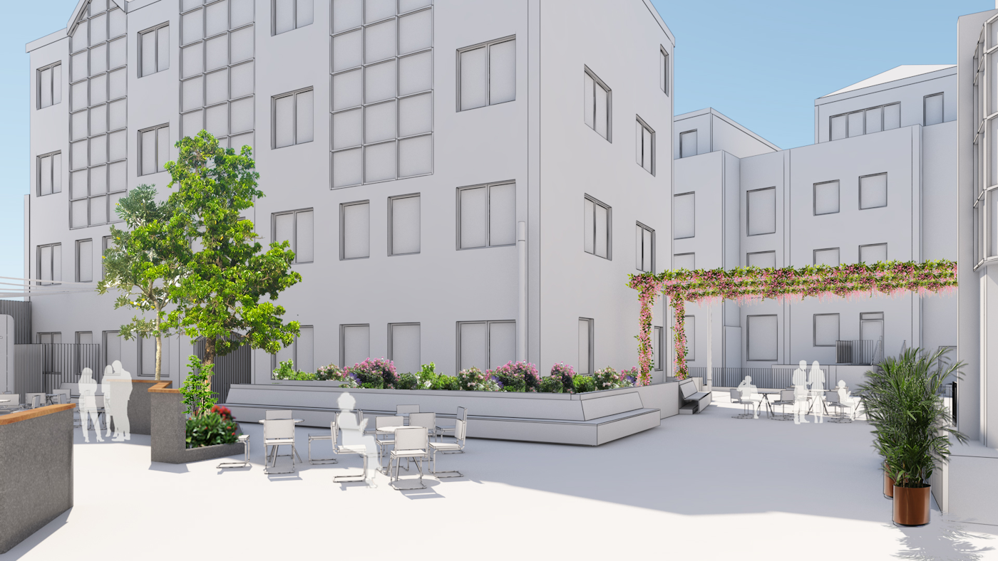 3D design of an urban courtyard with a pergola, trees and seating areas