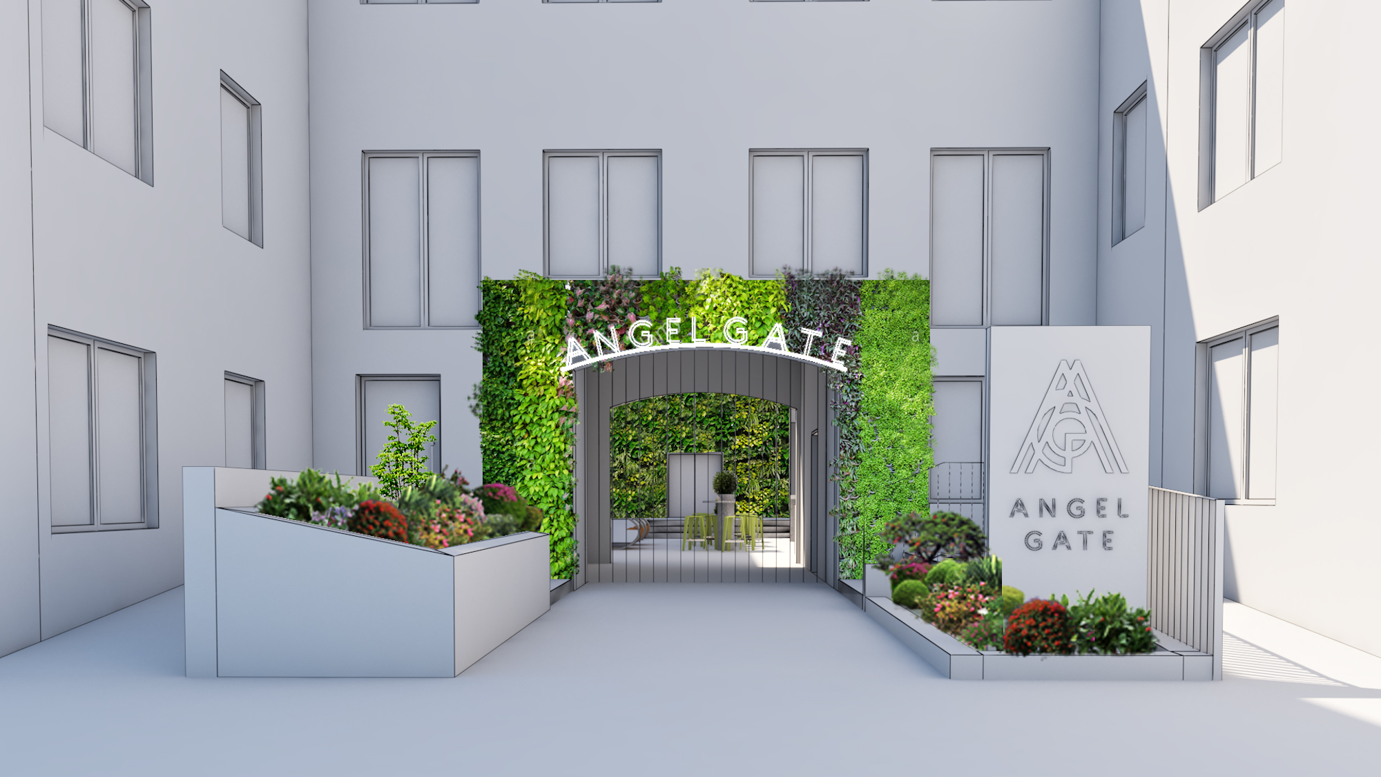 3D visual showing an entrance way with a natural living wall and lit up signage with ground planting