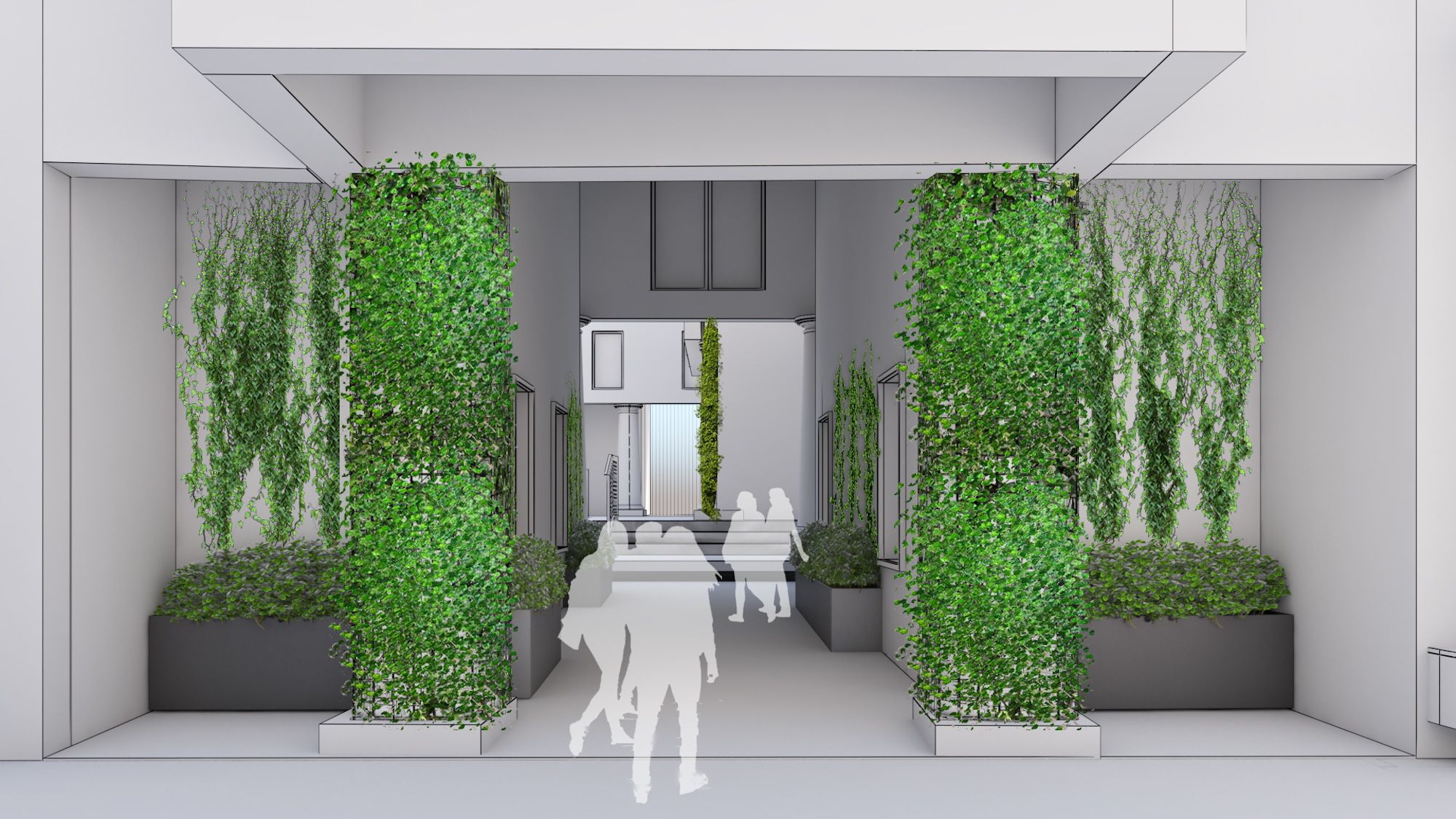 3D visual showing a corridor with vertical planting and ground planters