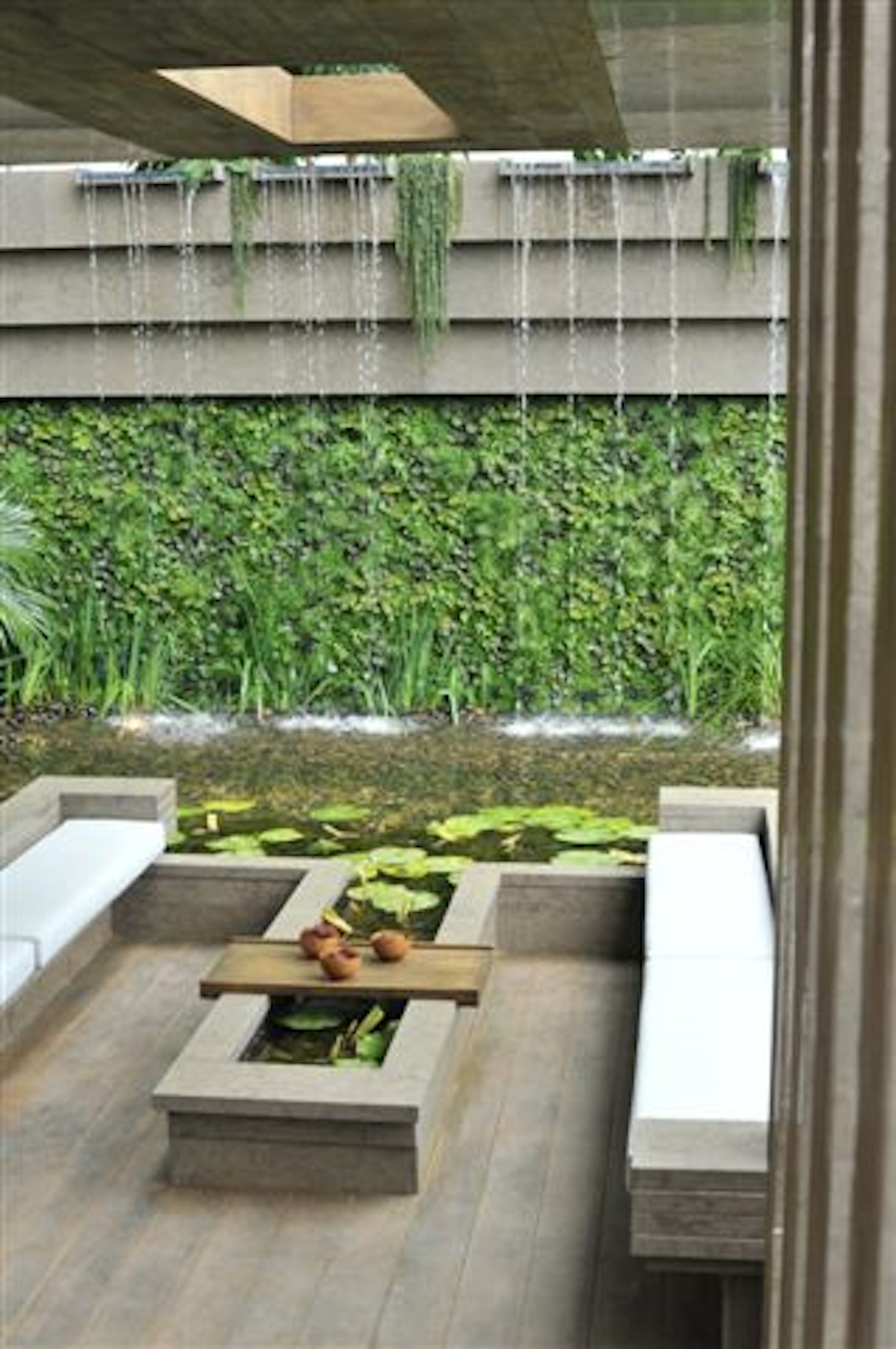 Sunken Seating Area Living Wall and Waterfall