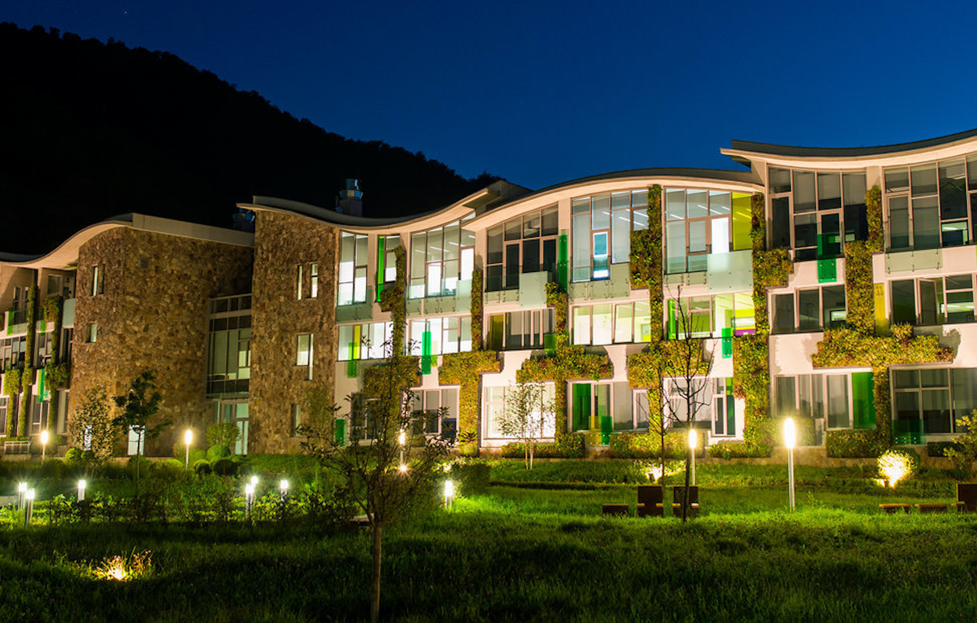 Dilijan International School In Armenia With Living Walls  On Campus At Night