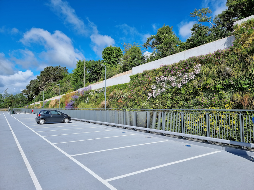 a car park with a flowering green wall