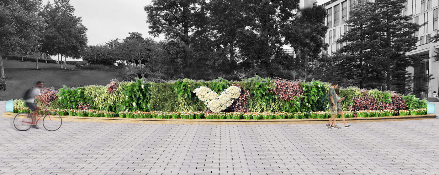 3D render of a curved living wall structure