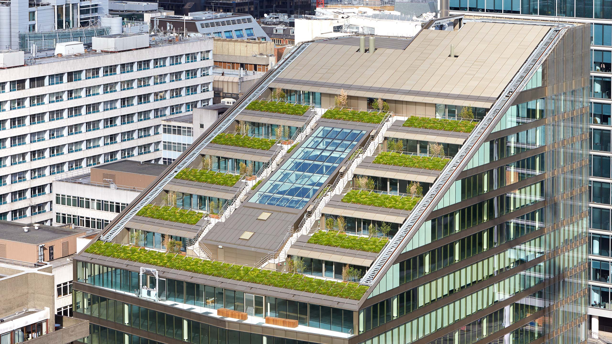 staggered roof terraces of a large commercial development in london