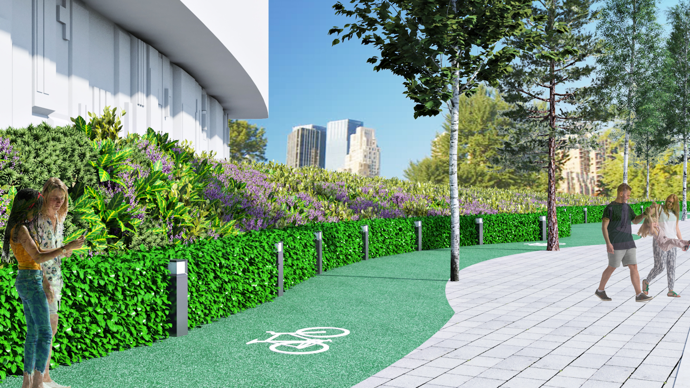 3D render of a landscaped pedestrianised street with trees, hedegrows and large shrubs