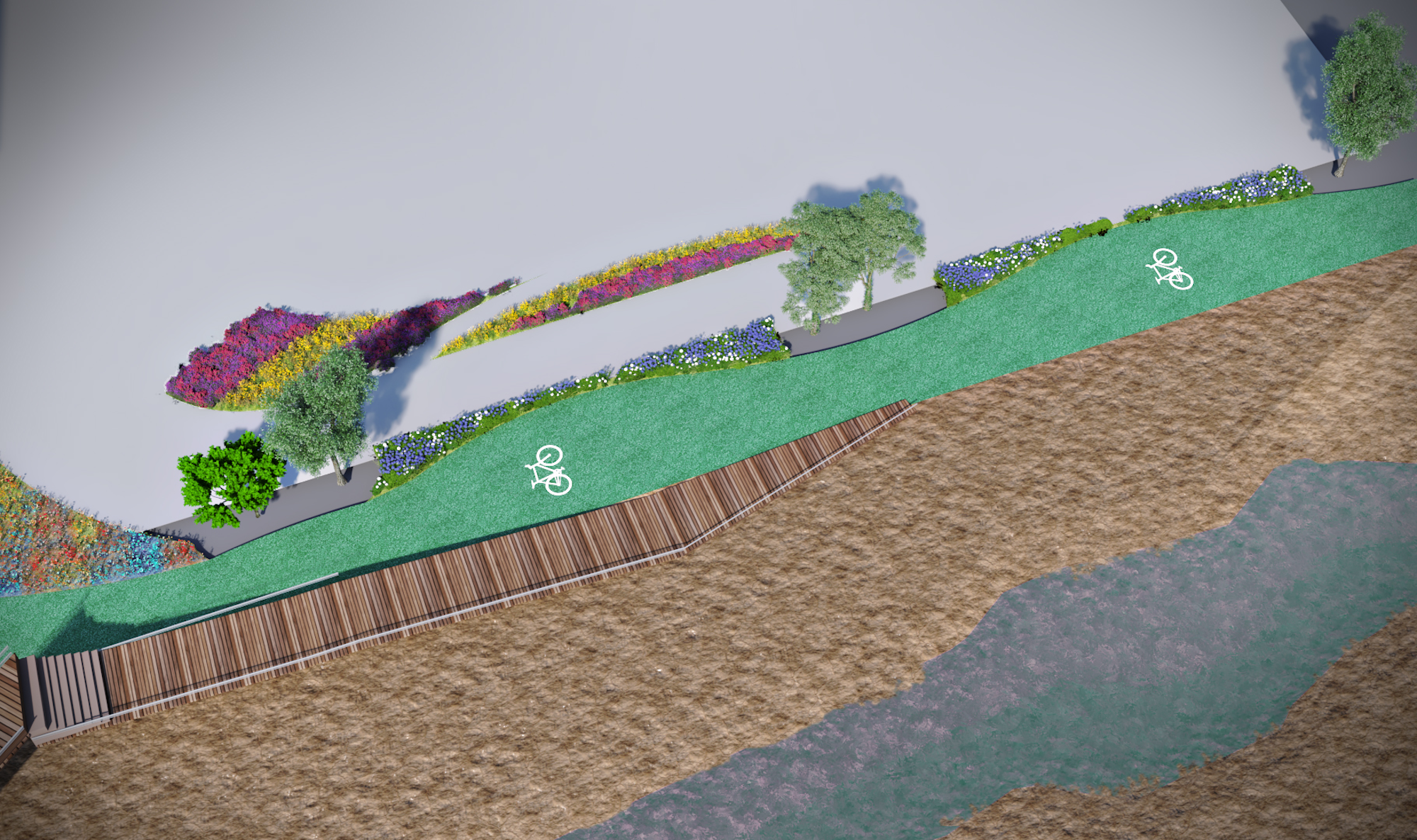 3D render of a landscaped pedestrian area with shrubbery, trees and a cycle path