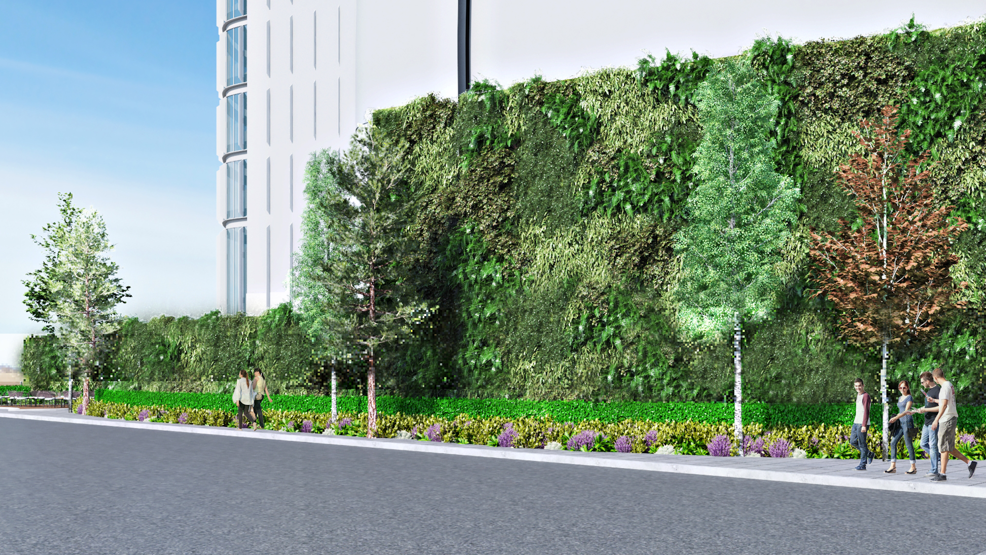 3D-Darstellung eines Bürgersteigs und Geschäftsgebäudes mit grünen Wänden, Bäumen und Bodenbepflanzung oder Landschaftsgestaltung