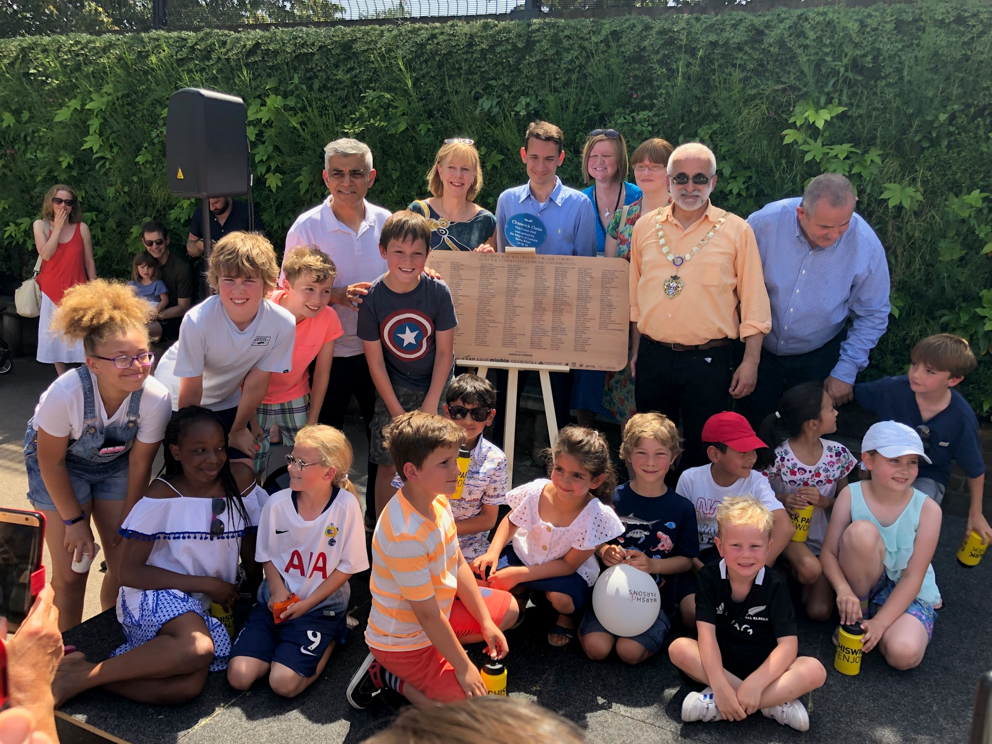 Children Gather With Sadiq Khan And MPs To Unveil The Living Walls At St Mary's Primary School As Part of Chiswick Oasis Initiative