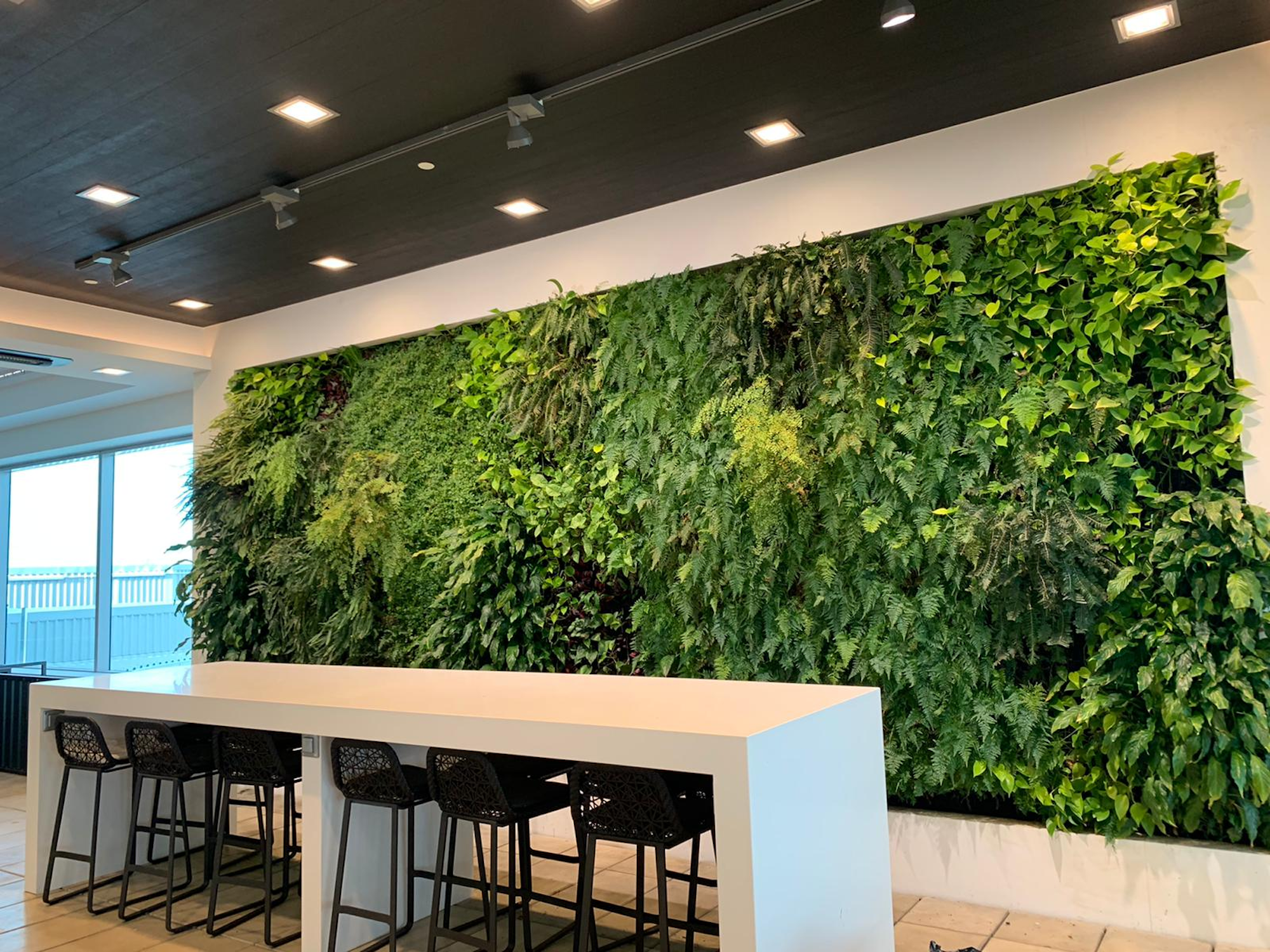 lush internal living green wall in an airport lounge in front of bar table and chairs