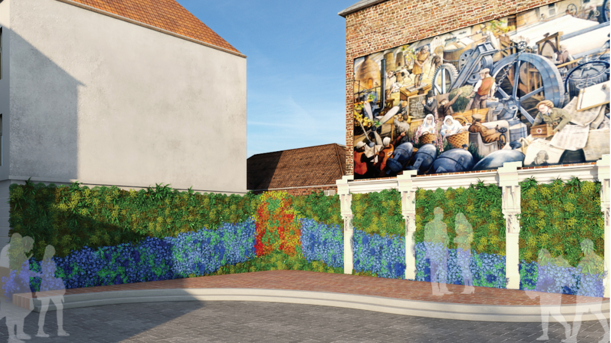 concept design of a street scape with a living wall and painted facade