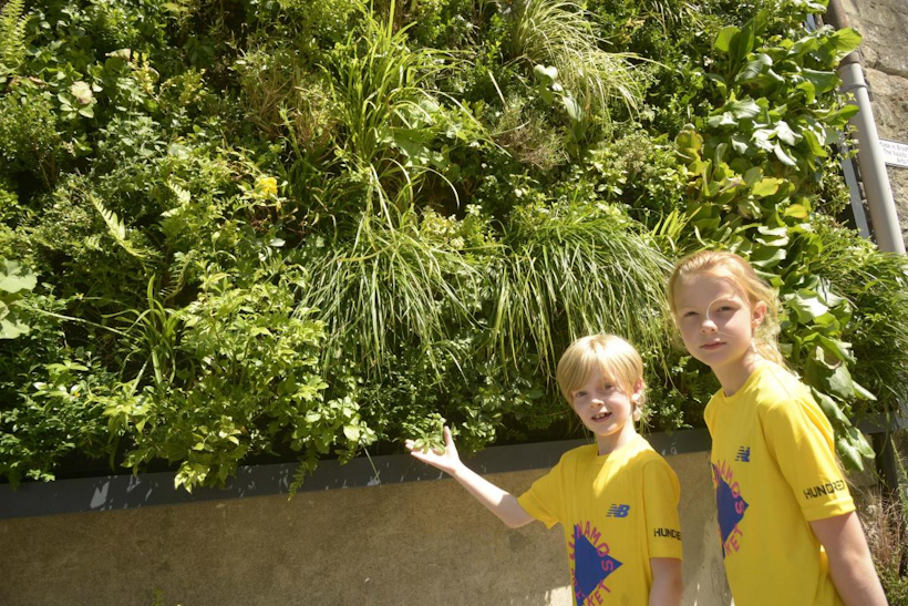 children standing next to a green living wall