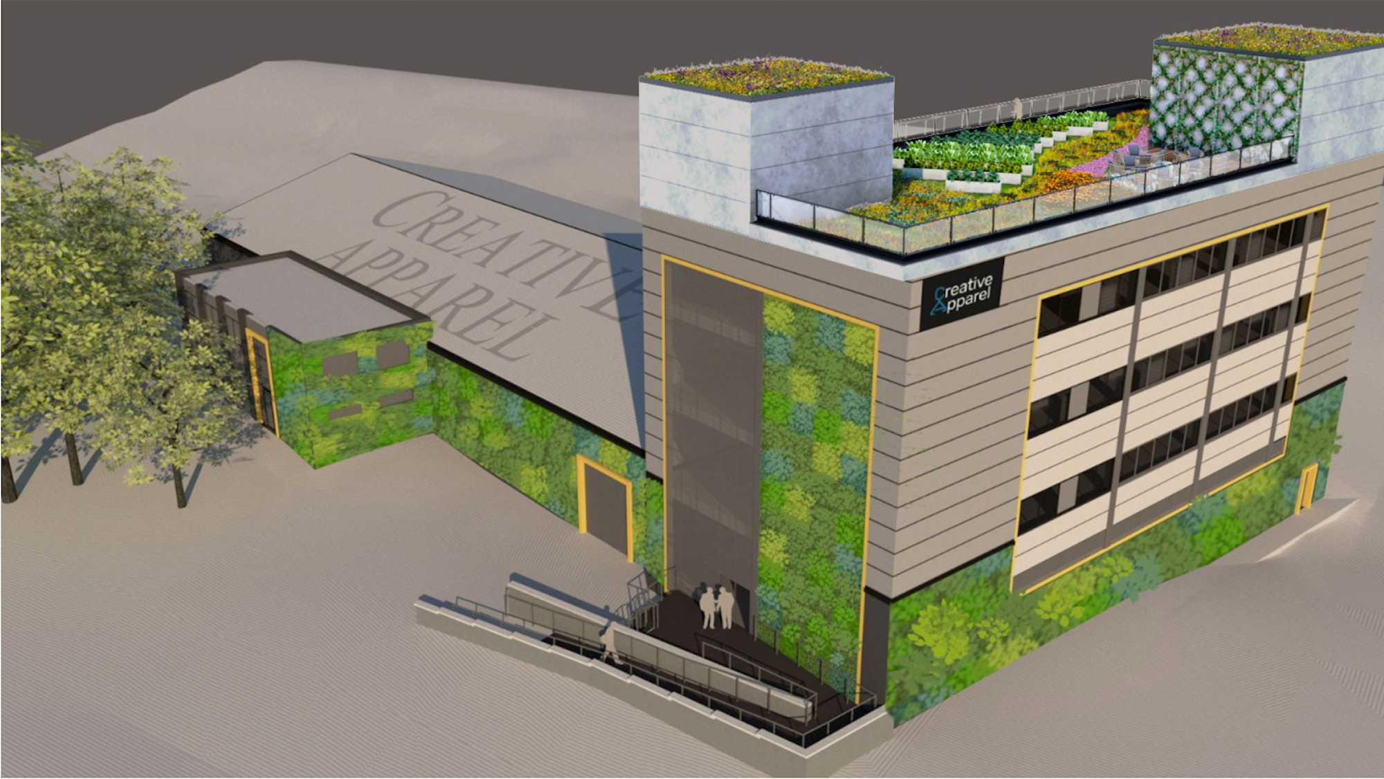 3D isometric drawing of a commercial building designed with green infrastructure like living walls, trees and a roof garden