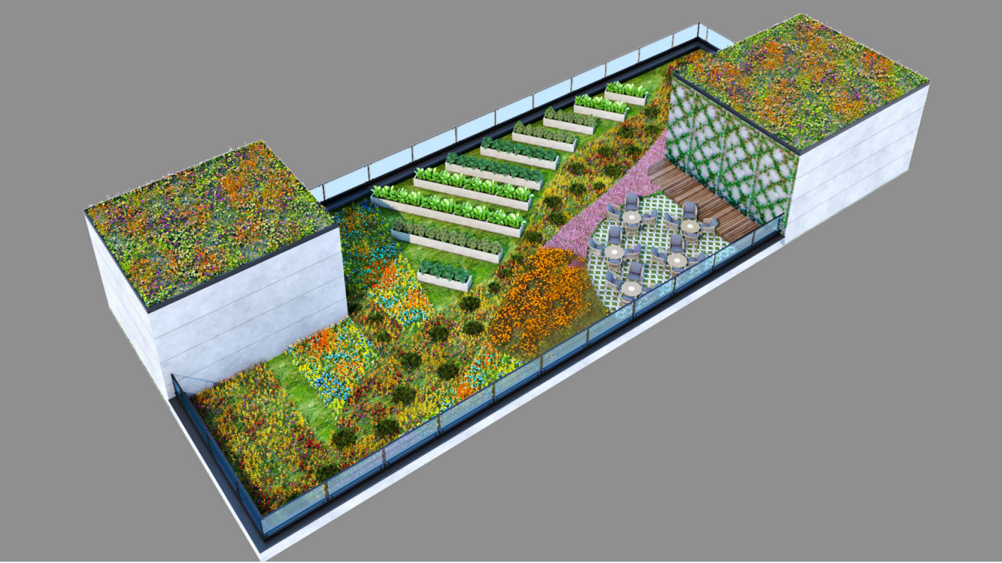Isometrischer 3D-Plan eines intensiv begrünten Daches mit Wildblumen, Sitzgelegenheiten und einer städtischen Farm
