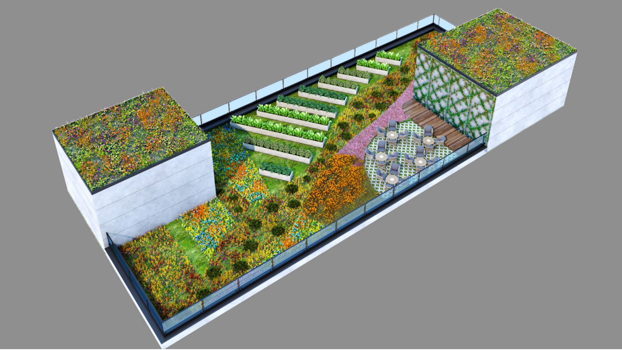 3D isometric plan of an intensive green roof with wildflowers, seating areas and an urban farm