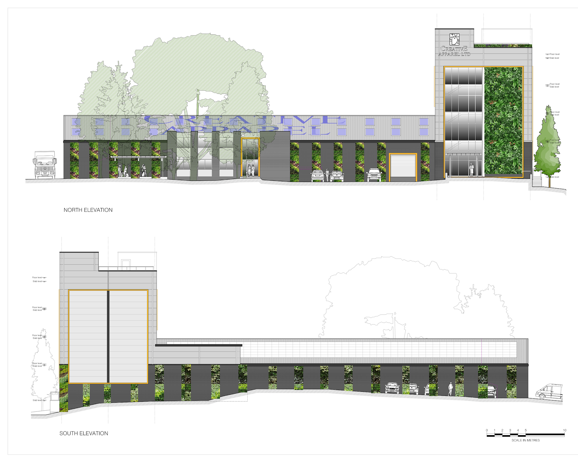 Seitenansicht der Pläne für ein großes Geschäftsgebäude mit grüner Infrastruktur einschließlich grüner Wände und Bäumen zur Verbesserung der Artenvielfalt