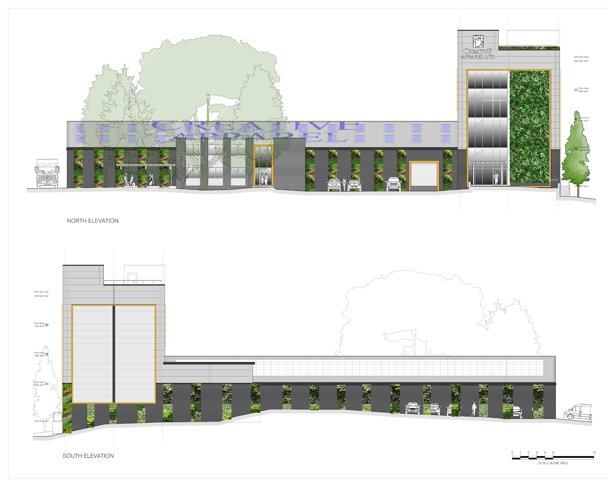 Side view drawing of plans for a large commercial building with green infrastructure including green walls and trees for biodiversity