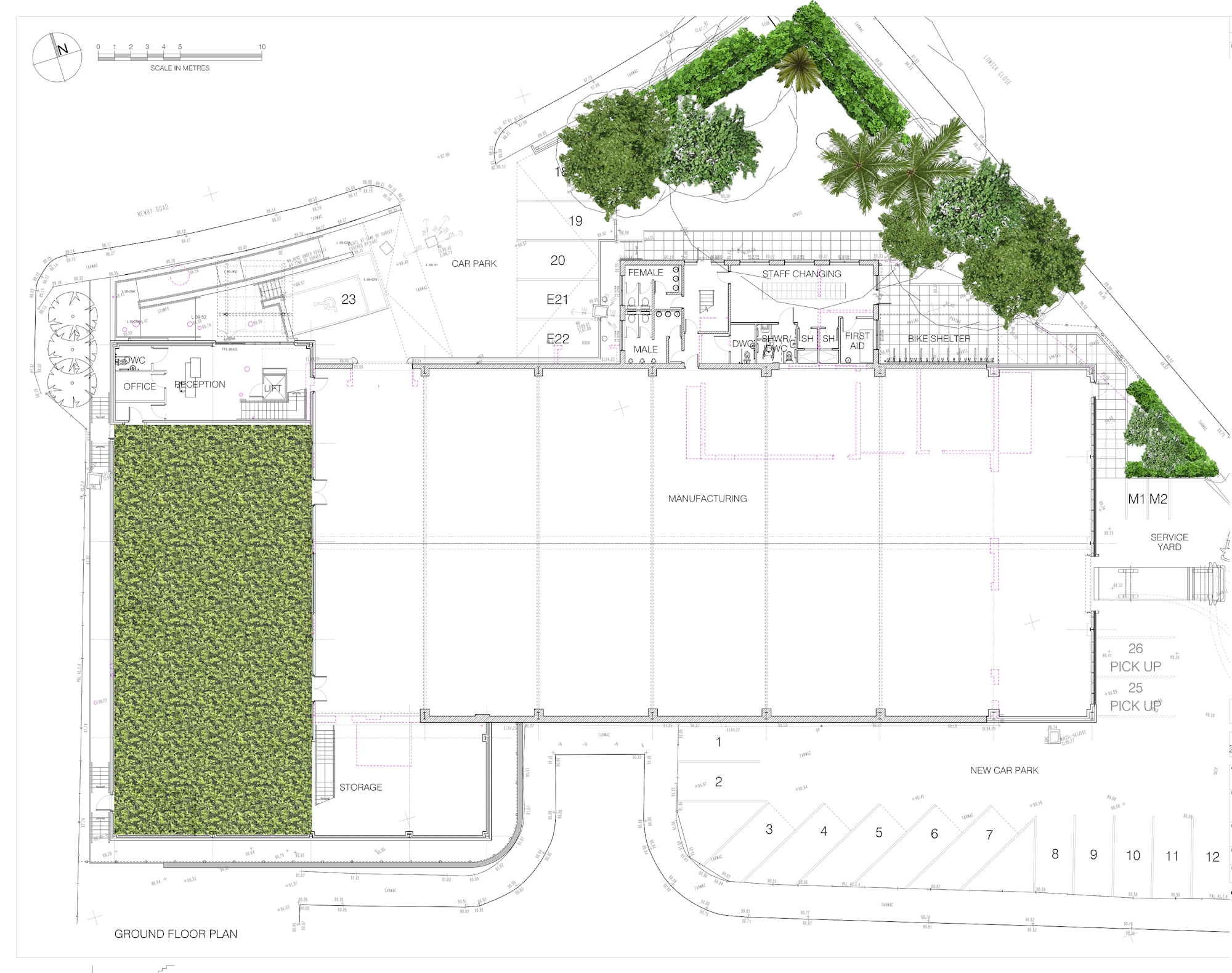 Plan view drawing of a building with green infrastructure proposed, including a green roof and perimeter planting