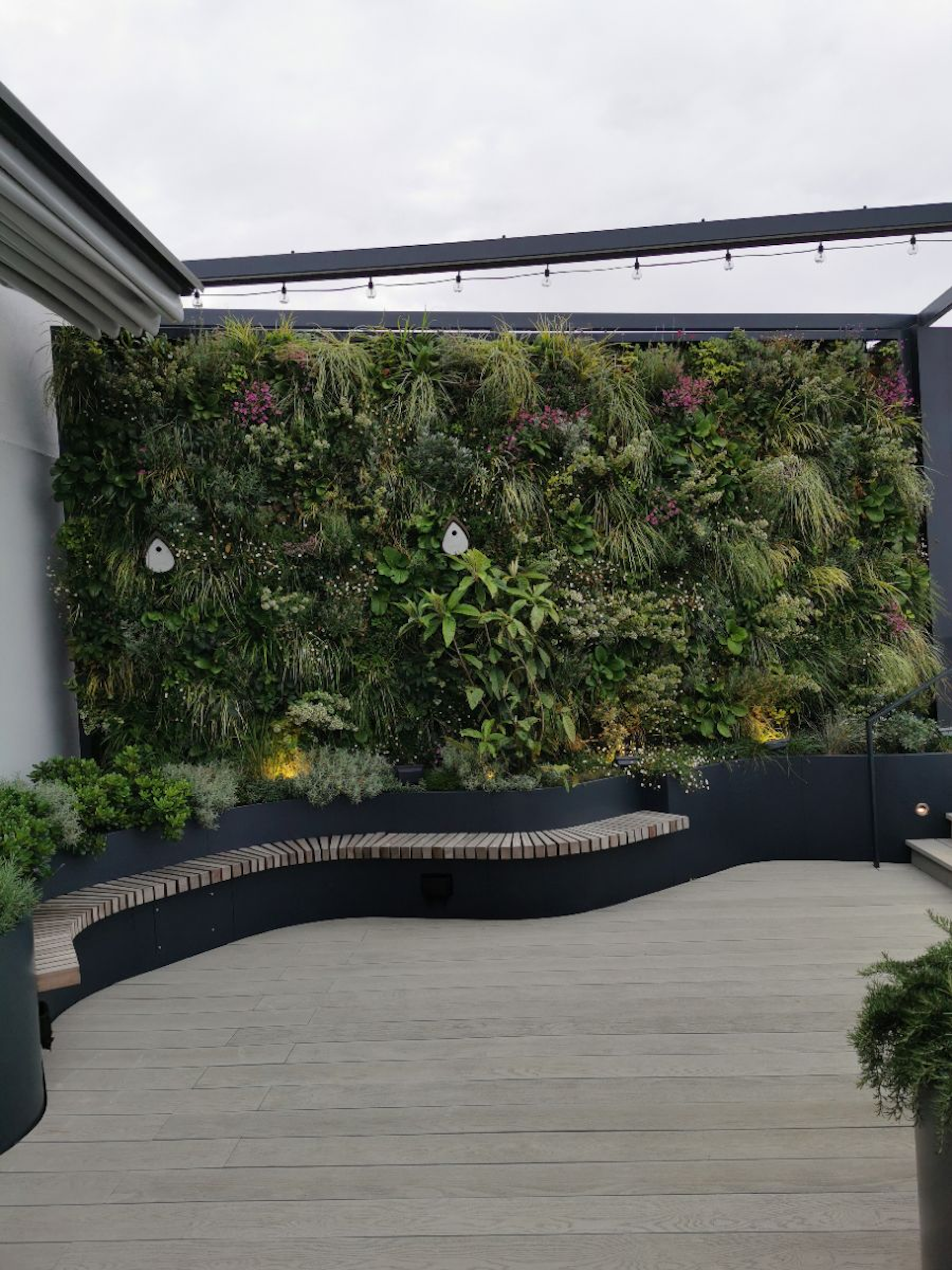 roof terrace with planters, seating and a living wall with flowers and bird boxes