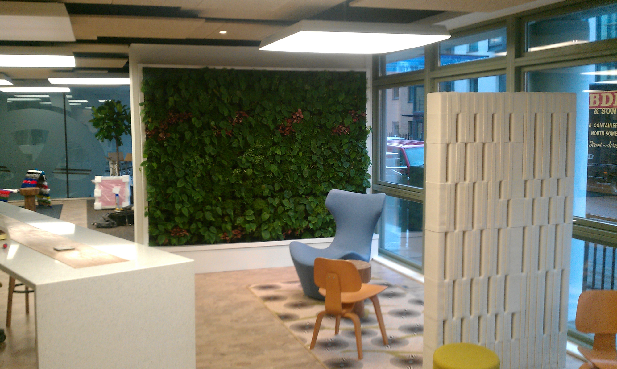 open office space in progress with a interior living wall