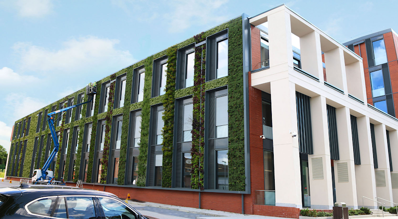 university campus building white facade and green wall living wall plants