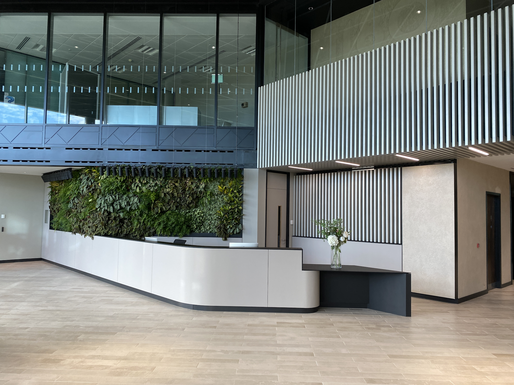 open plan reception with desk and green wall